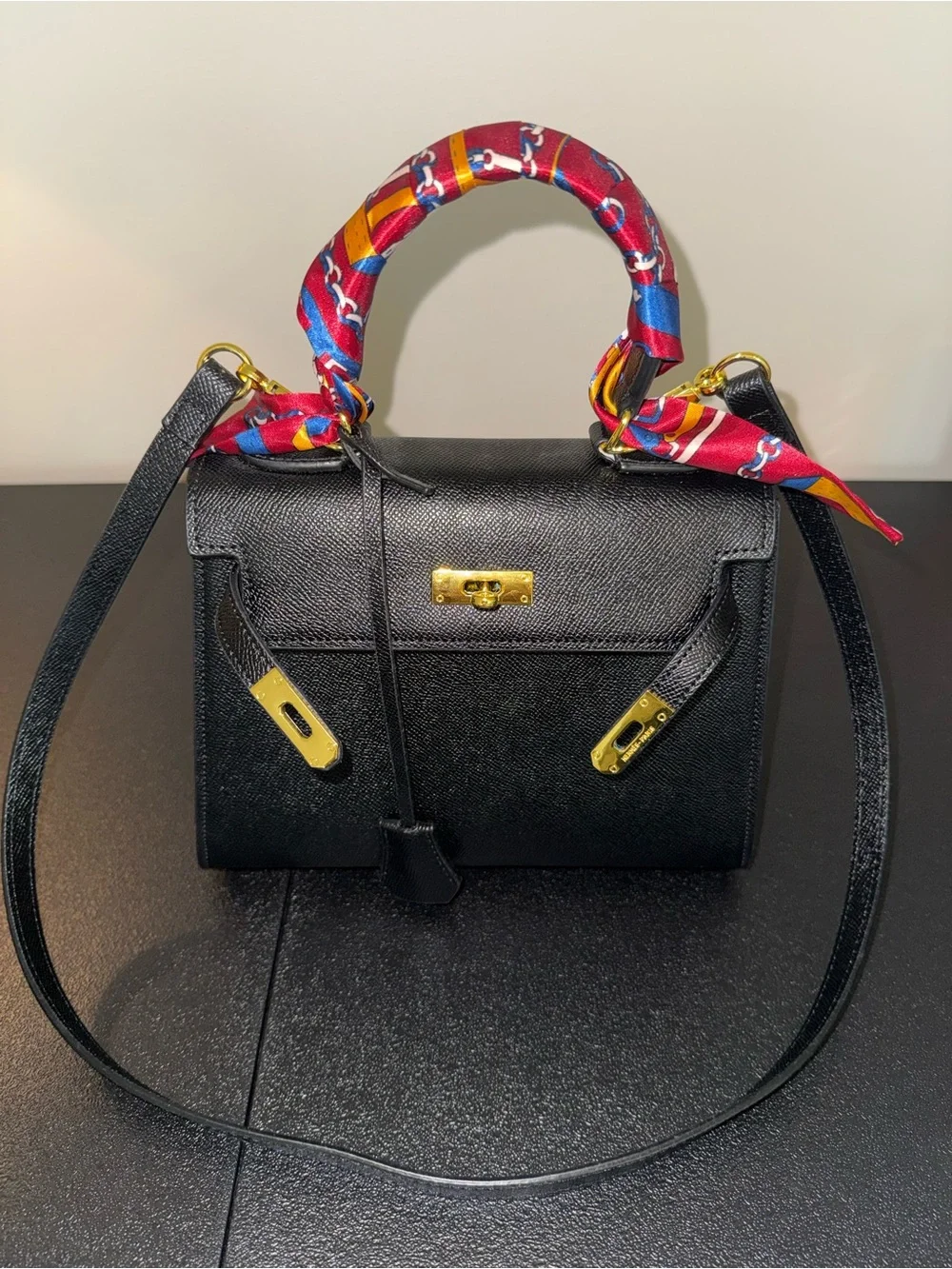 Structured Black 20cm (mini) Satchel with Gold Hardware and Red Scarf Accent
